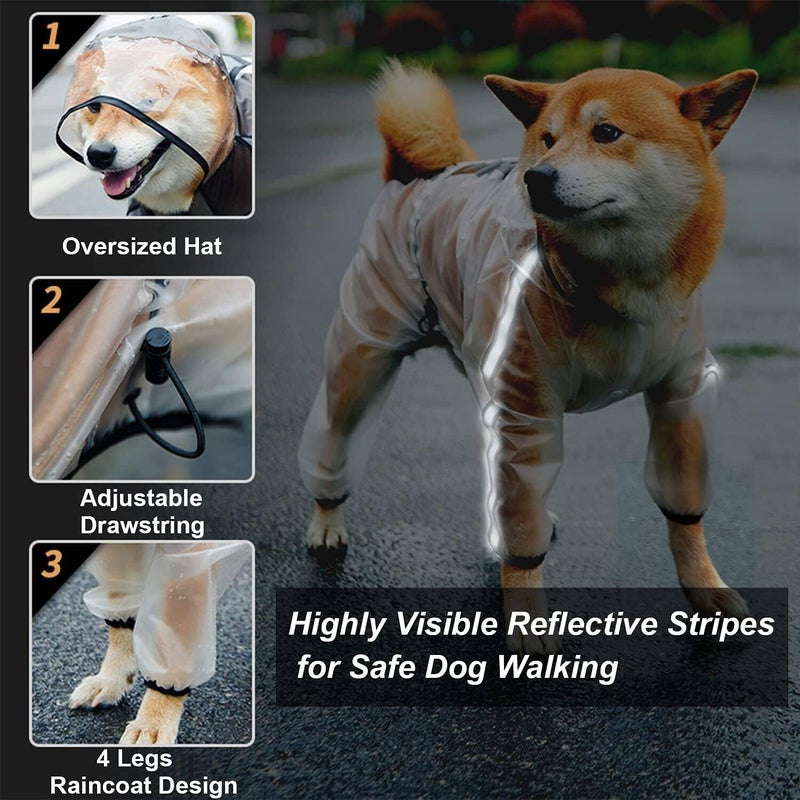 Olsa Dog Raincoat, Dog Hooded Slicker Poncho, 4 Legs Rain Jacket with Reflective Stripe, Transparent Water Proof Resistant Rain Snow Clothes for Small Medium Large - Image 2